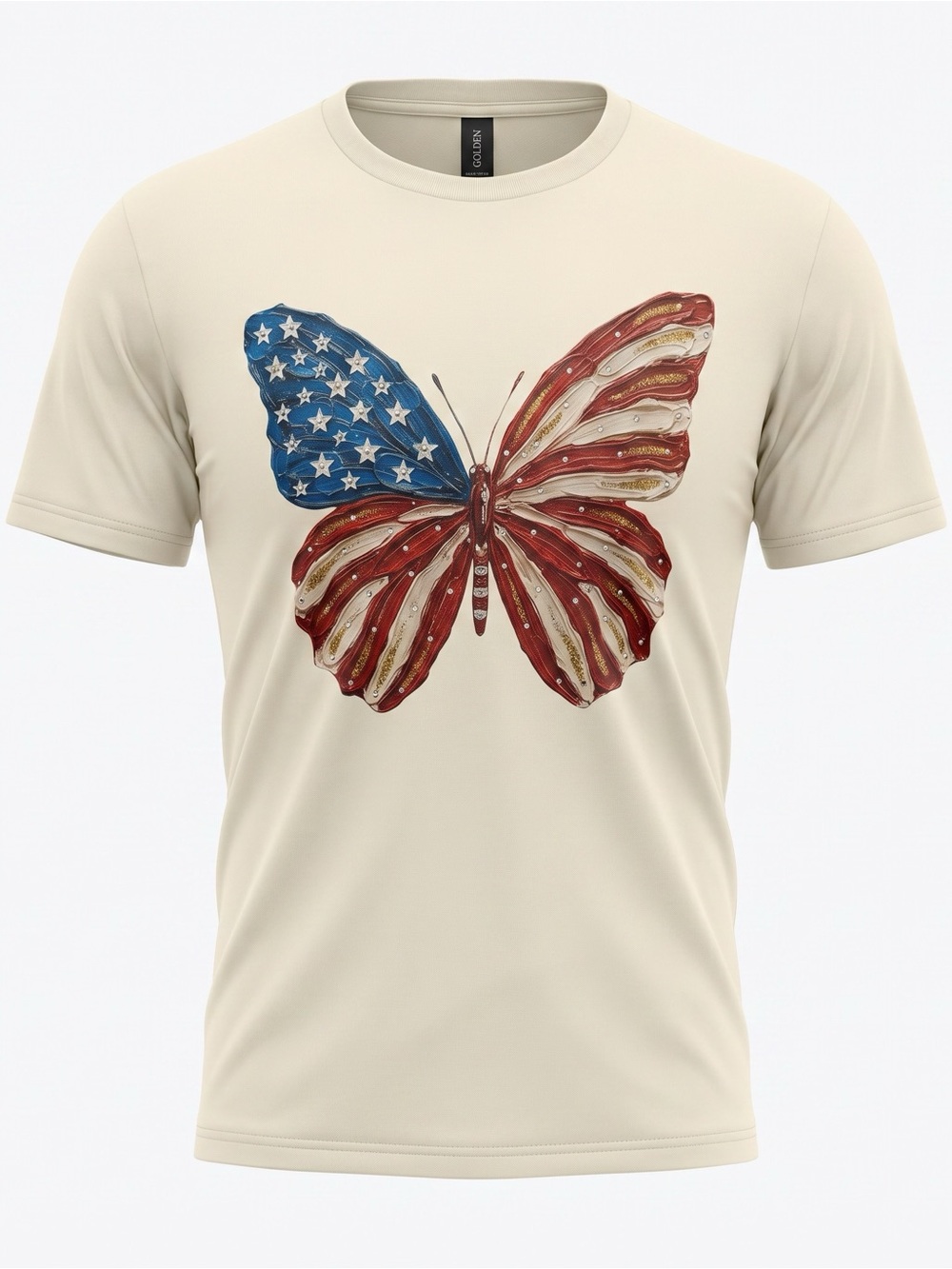 Women’s Cream Graphic T-Shirt with Sequin American Flag Patriotic Butterfly - LG